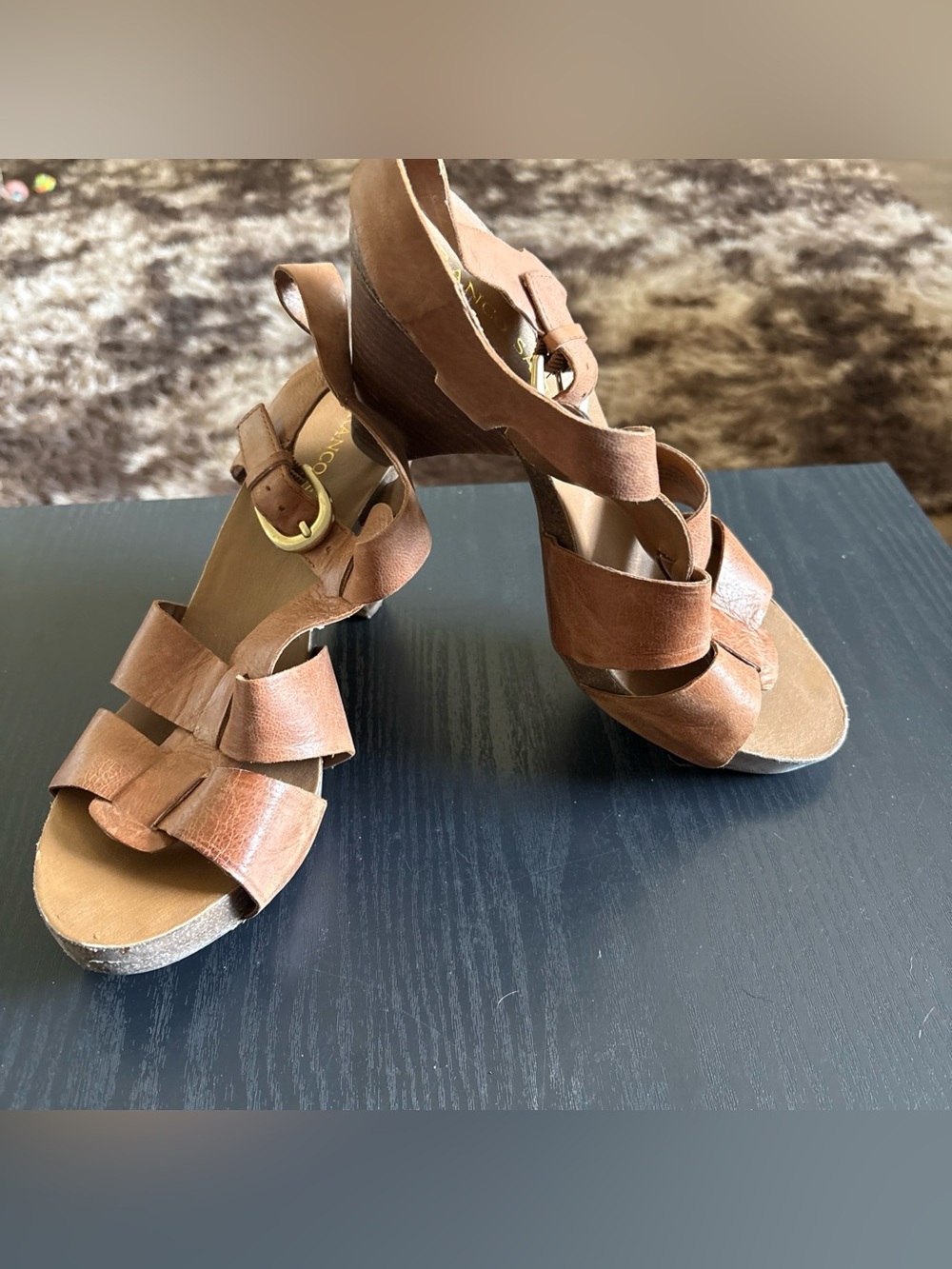 Franco Sarto Tan Brown Leather Wedge Sandals with Buckle Size 9